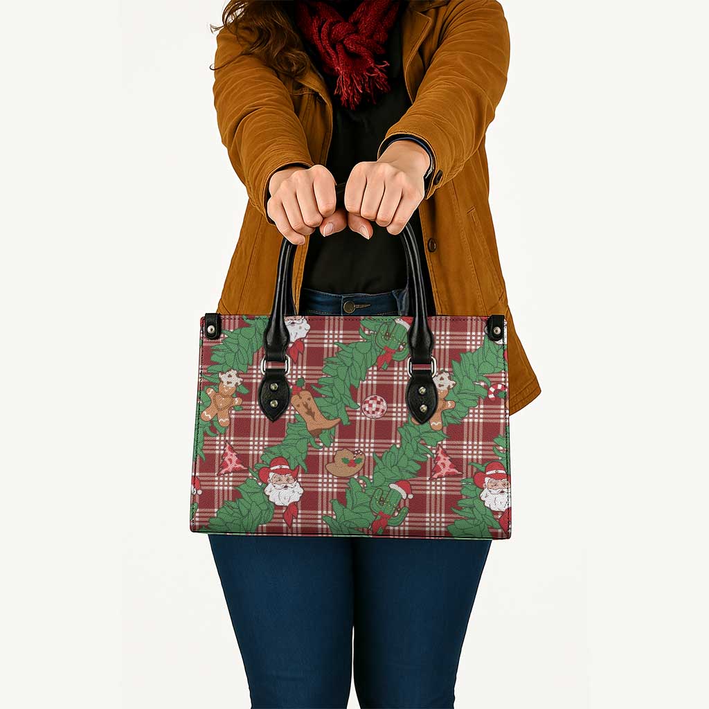 Red Palaka Hawaii Cowboy Christmas Leather Bag Paniolo Mix Maile Lei - Polynesian Pride