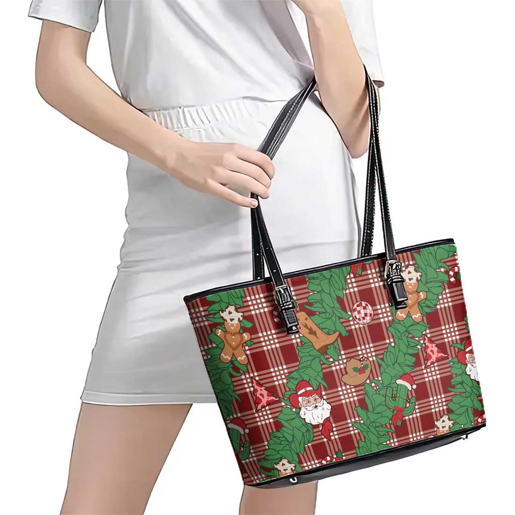 Red Palaka Hawaii Cowboy Christmas Leather Tote Bag Paniolo Mix Maile Lei - Polynesian Pride