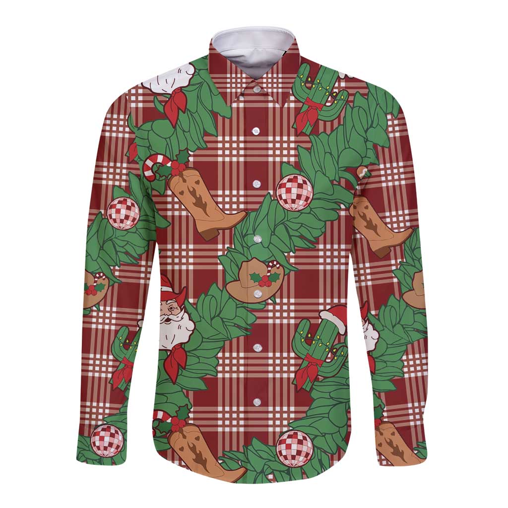 Red Palaka Hawaii Cowboy Christmas Long Sleeve Button Shirt Paniolo Mix Maile Lei - Polynesian Pride