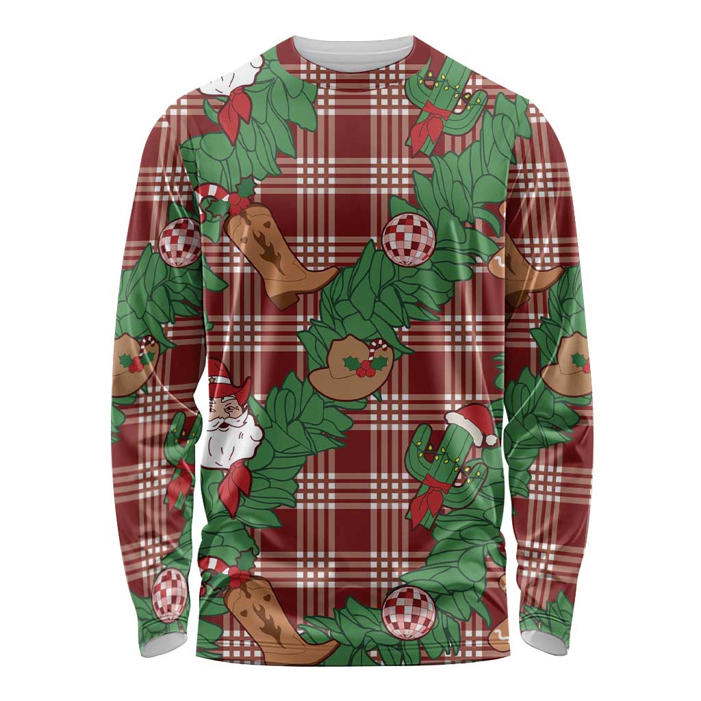 Red Palaka Hawaii Cowboy Christmas Long Sleeve Shirt Paniolo Mix Maile Lei - Polynesian Pride