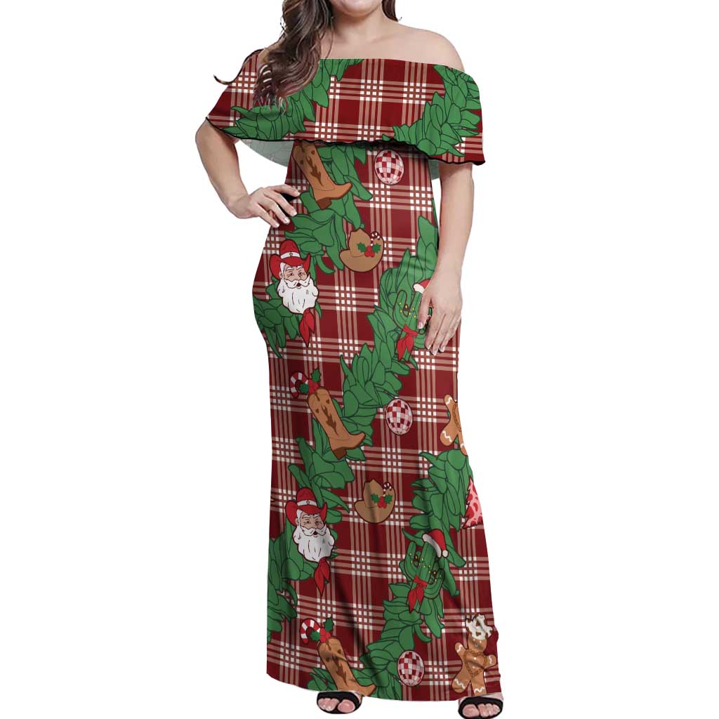 Red Palaka Hawaii Cowboy Christmas Off Shoulder Maxi Dress Paniolo Mix Maile Lei - Polynesian Pride
