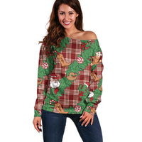 Red Palaka Hawaii Cowboy Christmas Off Shoulder Sweater Paniolo Mix Maile Lei - Polynesian Pride