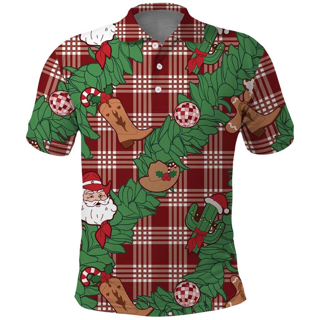 Red Palaka Hawaii Cowboy Christmas Polo Shirt Paniolo Mix Maile Lei - Polynesian Pride