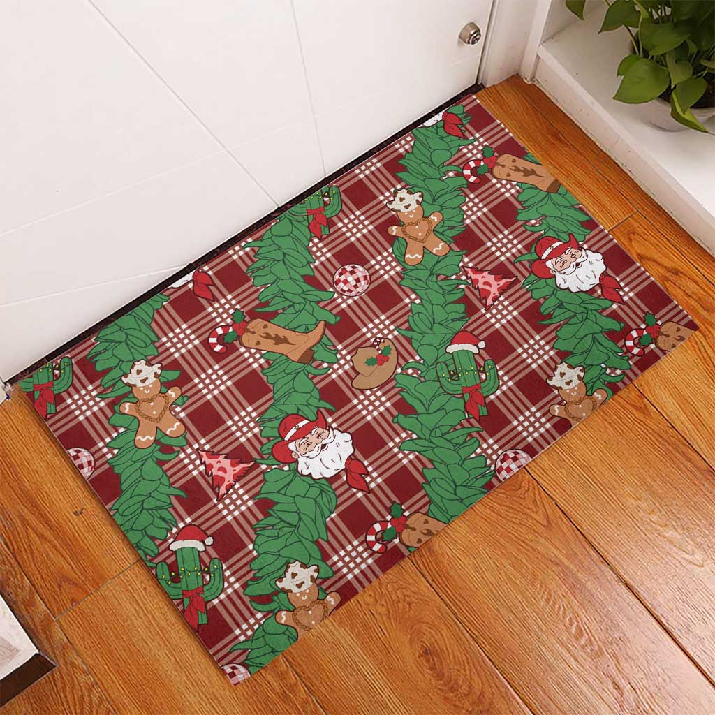 Red Palaka Hawaii Cowboy Christmas Rubber Doormat Paniolo Mix Maile Lei - Polynesian Pride