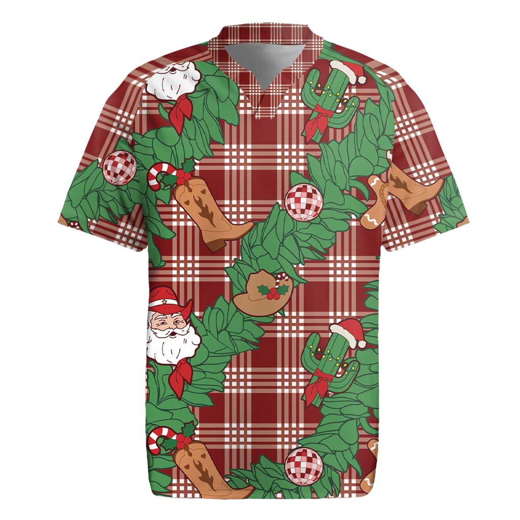 Red Palaka Hawaii Cowboy Christmas Rugby Jersey Paniolo Mix Maile Lei - Polynesian Pride