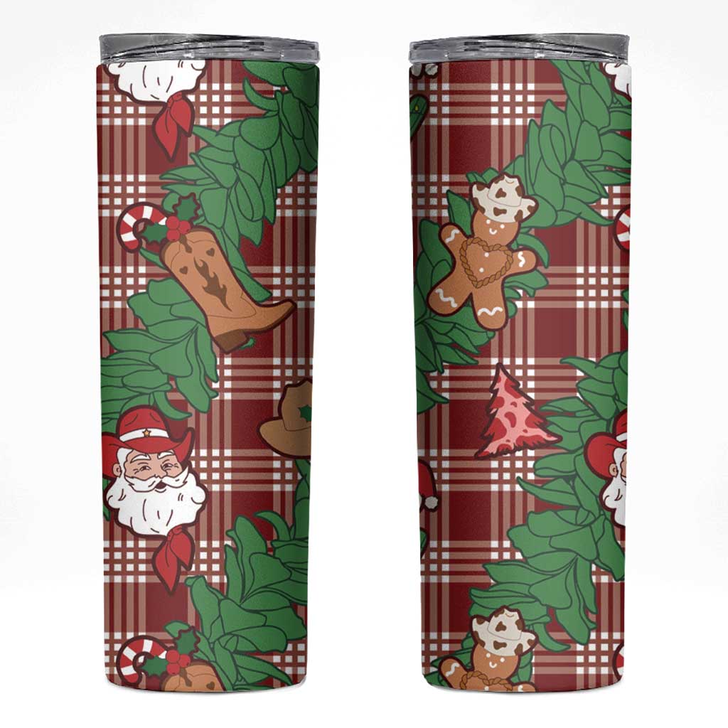 Red Palaka Hawaii Cowboy Christmas Skinny Tumbler Paniolo Mix Maile Lei - Polynesian Pride