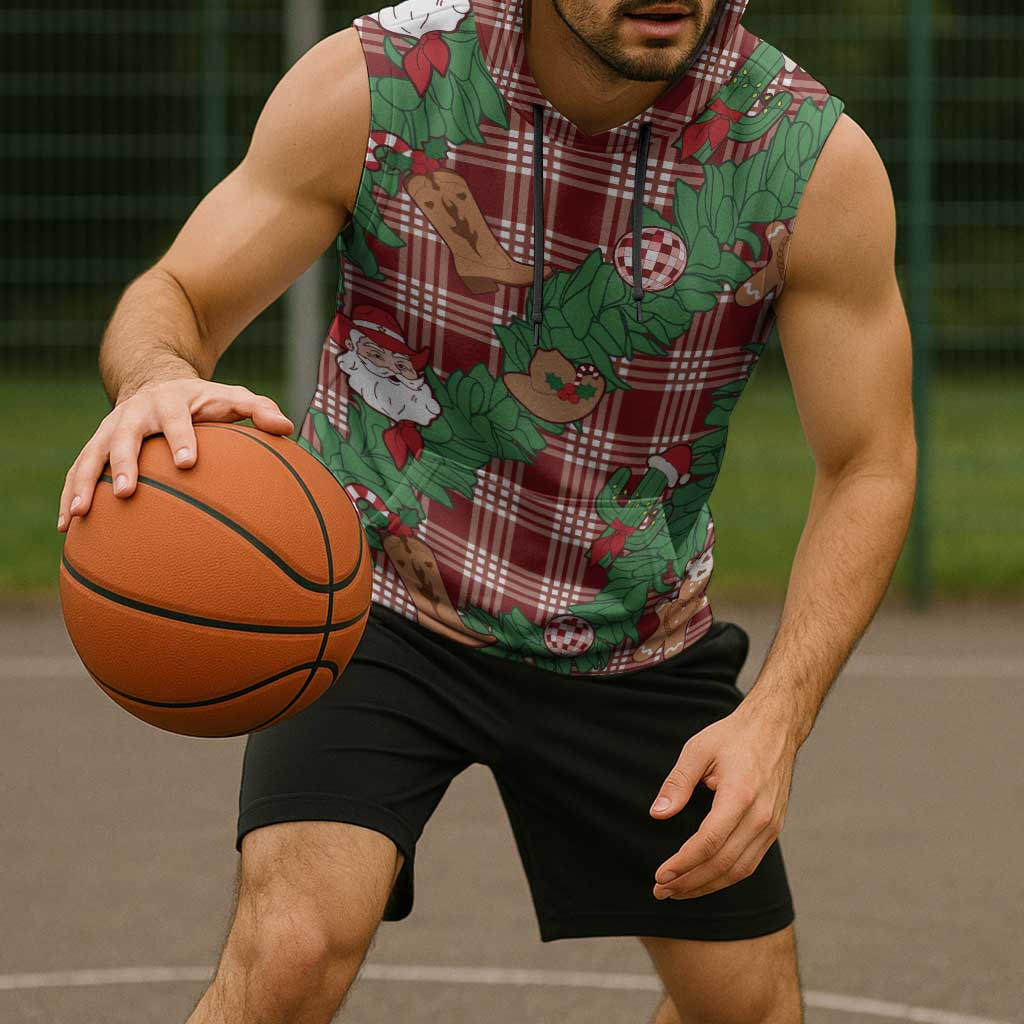 Red Palaka Hawaii Cowboy Christmas Sleeveless Hoodie Paniolo Mix Maile Lei - Polynesian Pride