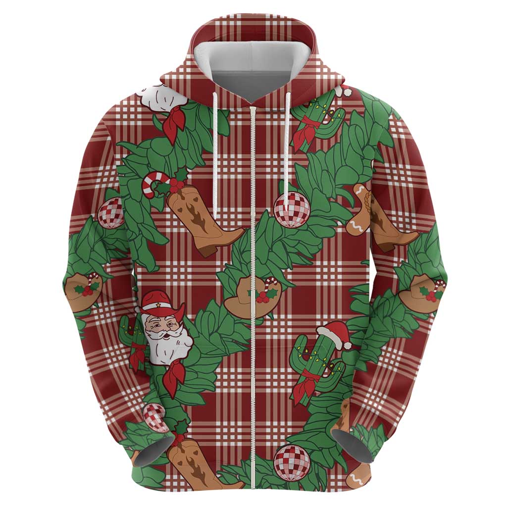 Red Palaka Hawaii Cowboy Christmas Zip Hoodie Paniolo Mix Maile Lei - Polynesian Pride