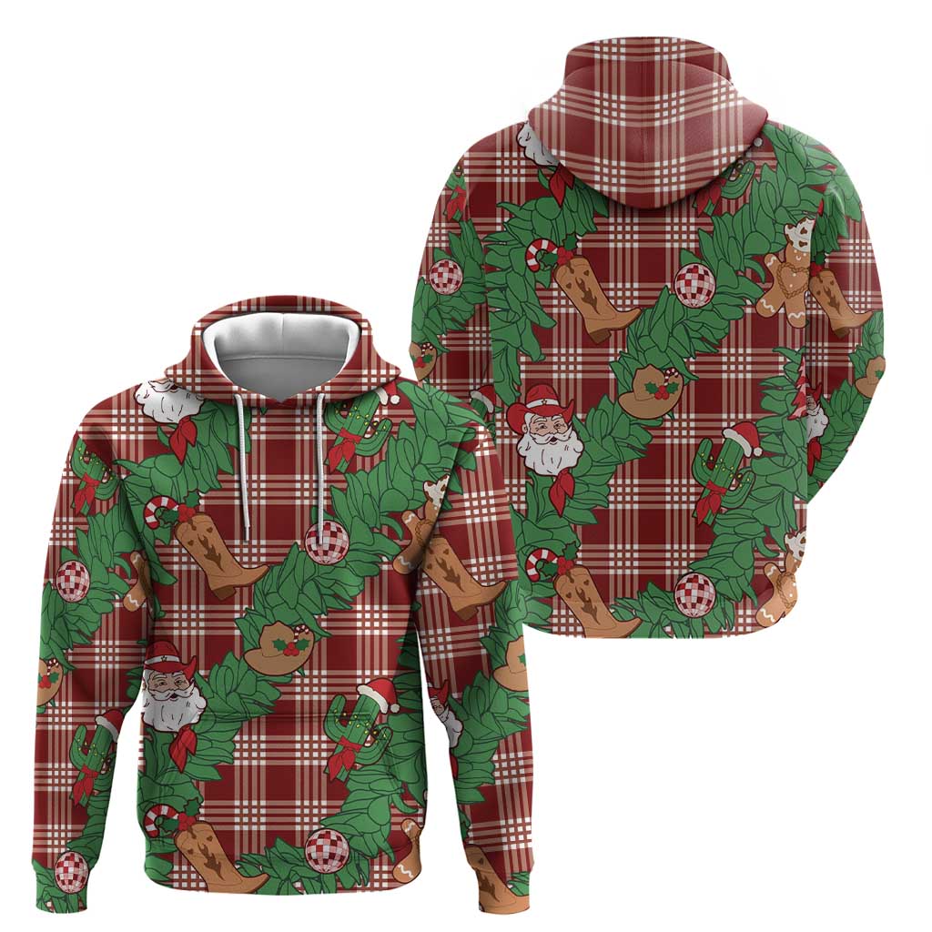 Red Palaka Hawaii Cowboy Christmas Zip Hoodie Paniolo Mix Maile Lei - Polynesian Pride