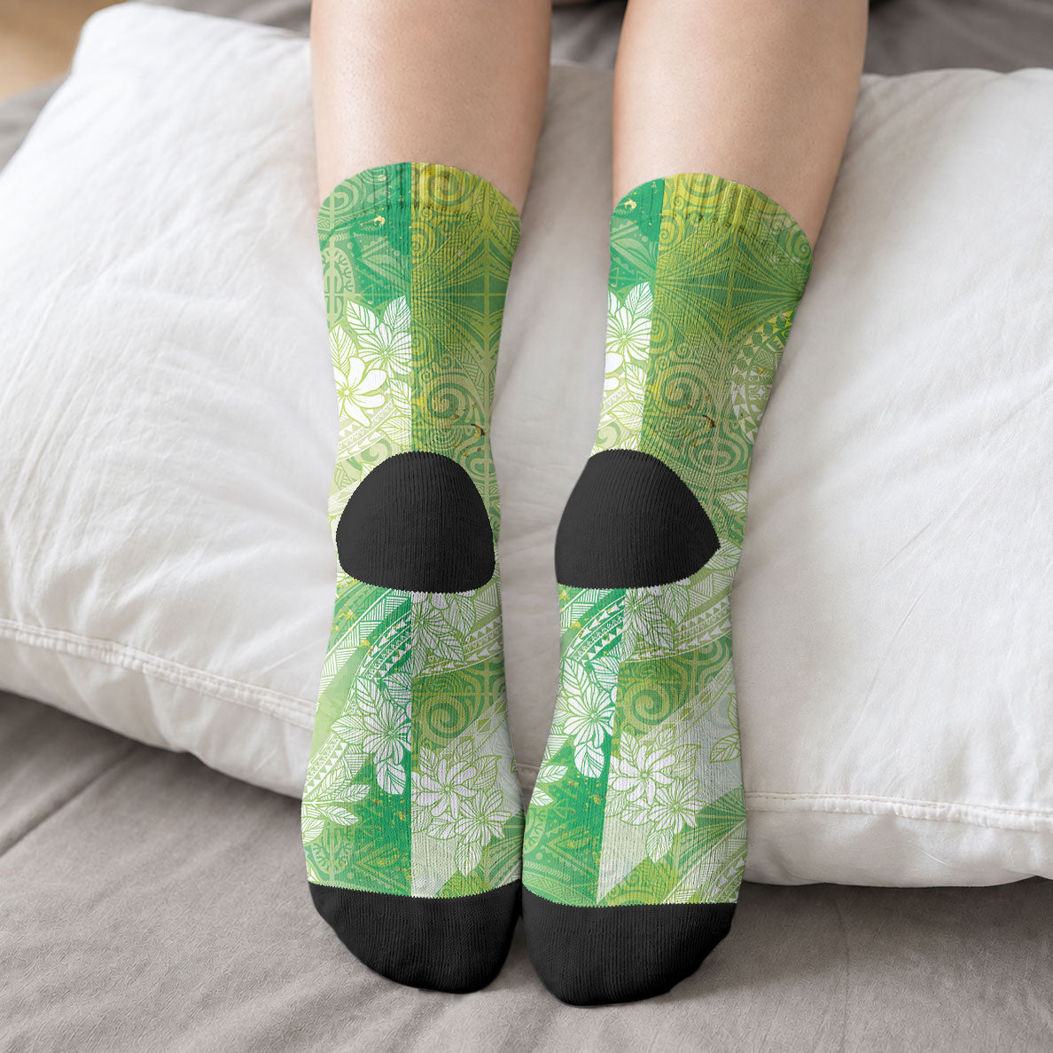 Tahiti Tiare Marble Glaze Crew Socks Spring Green LT7 - Polynesian Pride