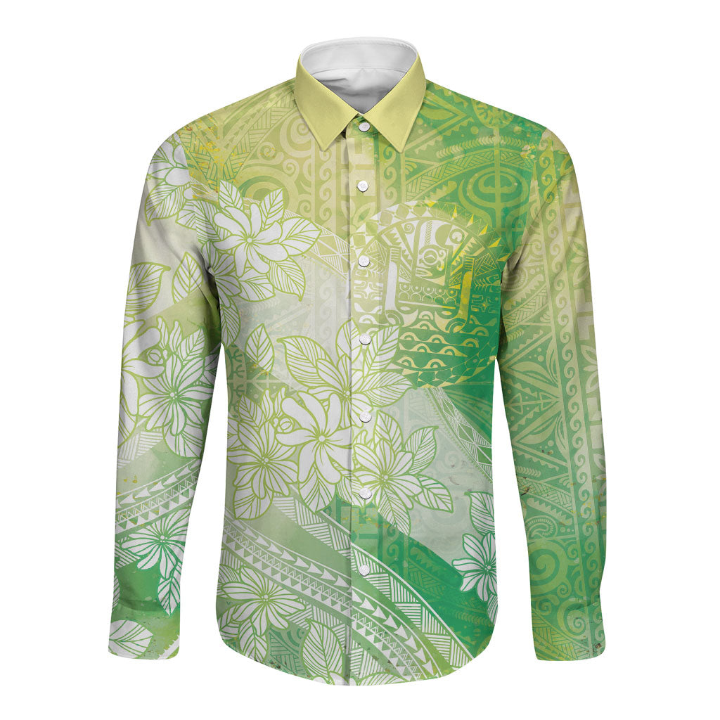 Tahiti Tiare Marble Glaze Long Sleeve Button Shirt Spring Green LT7 Unisex Yellow Green - Polynesian Pride