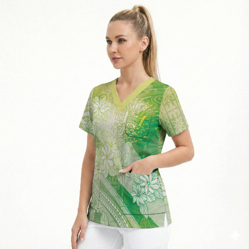 Tahiti Tiare Marble Glaze Scrub Top Spring Green LT7 - Polynesian Pride