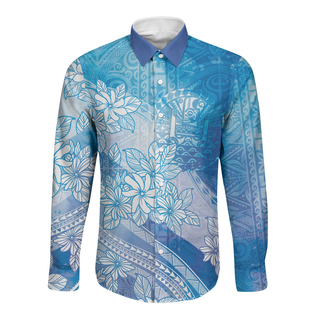 Tahiti Tiare Marble Glaze Long Sleeve Button Shirt Winter Blue LT7 Unisex Light Blue - Polynesian Pride