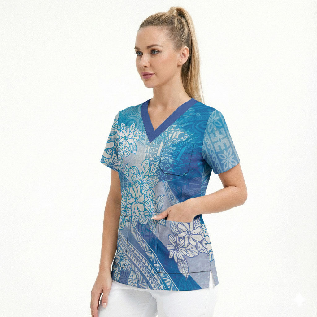 Tahiti Tiare Marble Glaze Scrub Top Winter Blue LT7 - Polynesian Pride