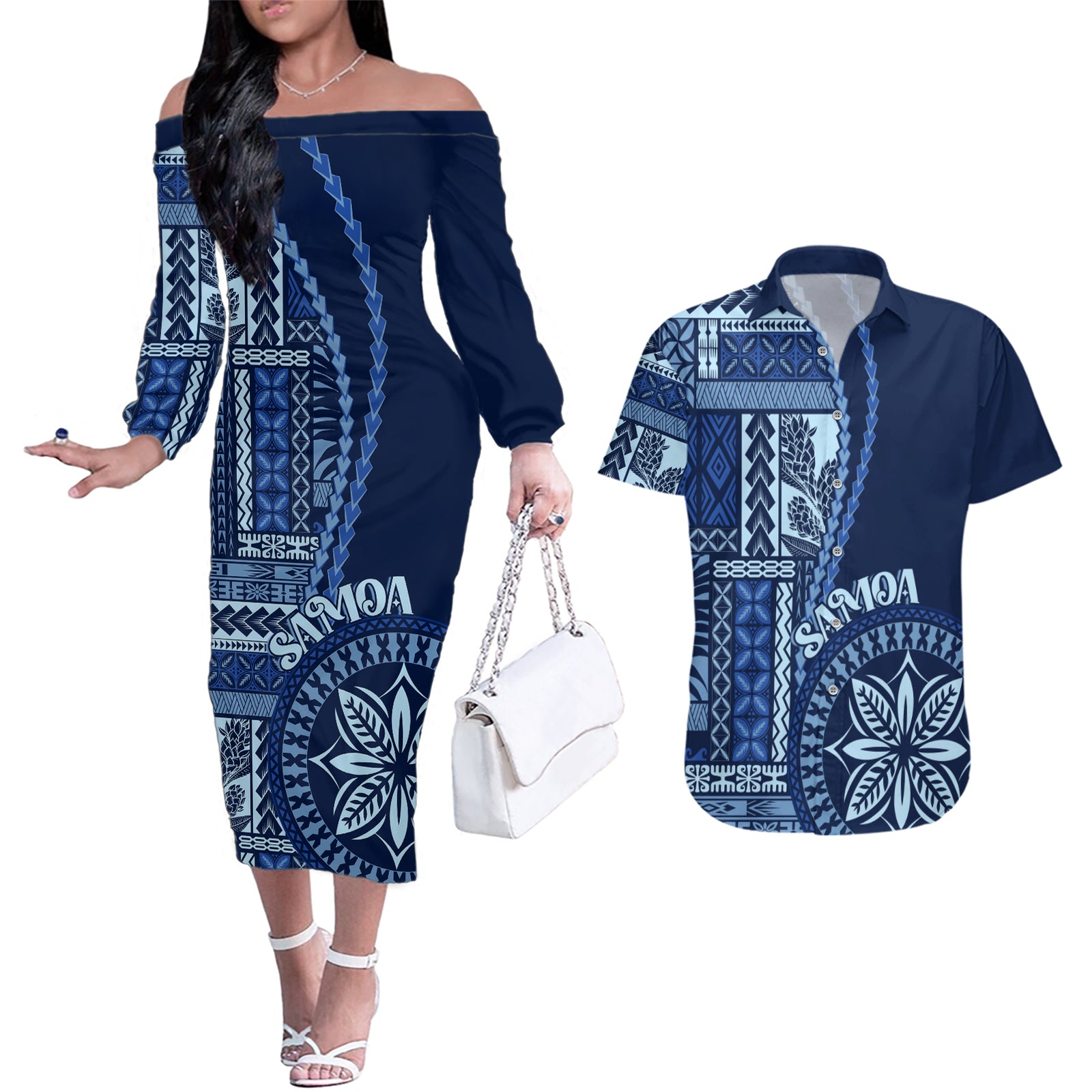 Samoa Siapo Motif Couples Matching Off The Shoulder Long Sleeve Dress and Hawaiian Shirt Classic Style - Bue Ver LT7 Blue - Polynesian Pride