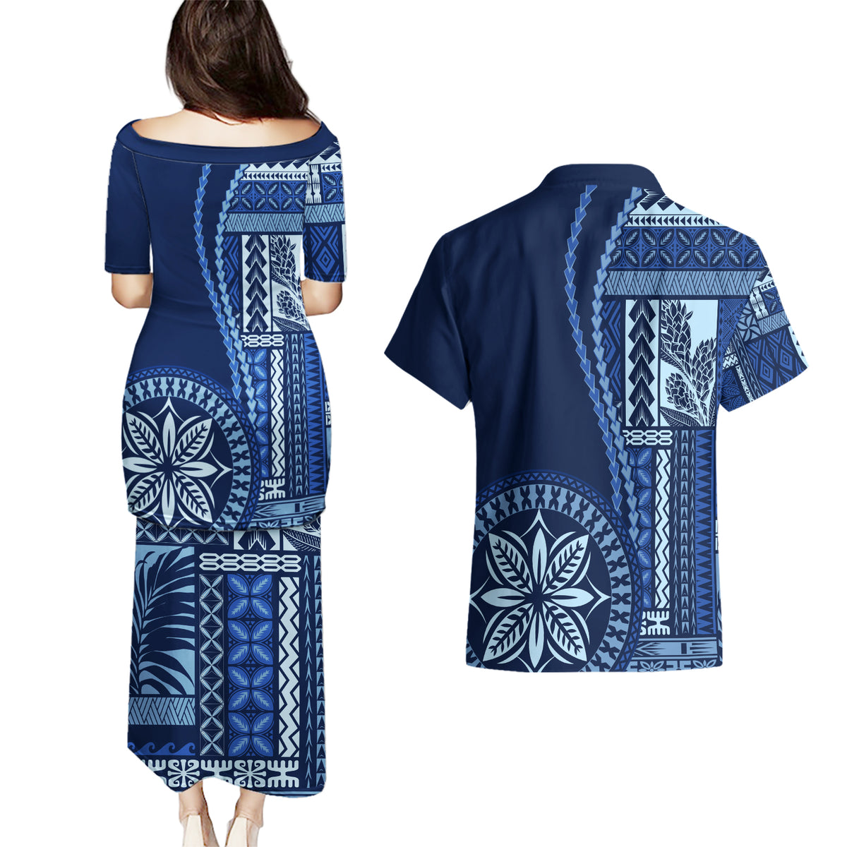 Samoa Siapo Motif Couples Matching Puletasi Dress and Hawaiian Shirt Classic Style - Bue Ver LT7 - Polynesian Pride