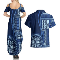 Samoa Siapo Motif Couples Matching Summer Maxi Dress and Hawaiian Shirt Classic Style - Bue Ver LT7 - Polynesian Pride