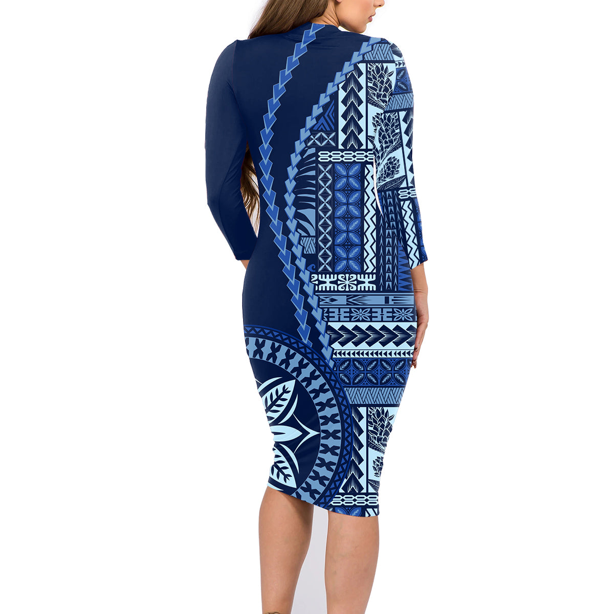 Samoa Siapo Motif Family Matching Long Sleeve Bodycon Dress and Hawaiian Shirt Classic Style - Bue Ver LT7 - Polynesian Pride