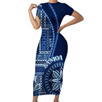 Samoa Siapo Motif Family Matching Short Sleeve Bodycon Dress and Hawaiian Shirt Classic Style - Bue Ver LT7 Mom's Dress Blue - Polynesian Pride