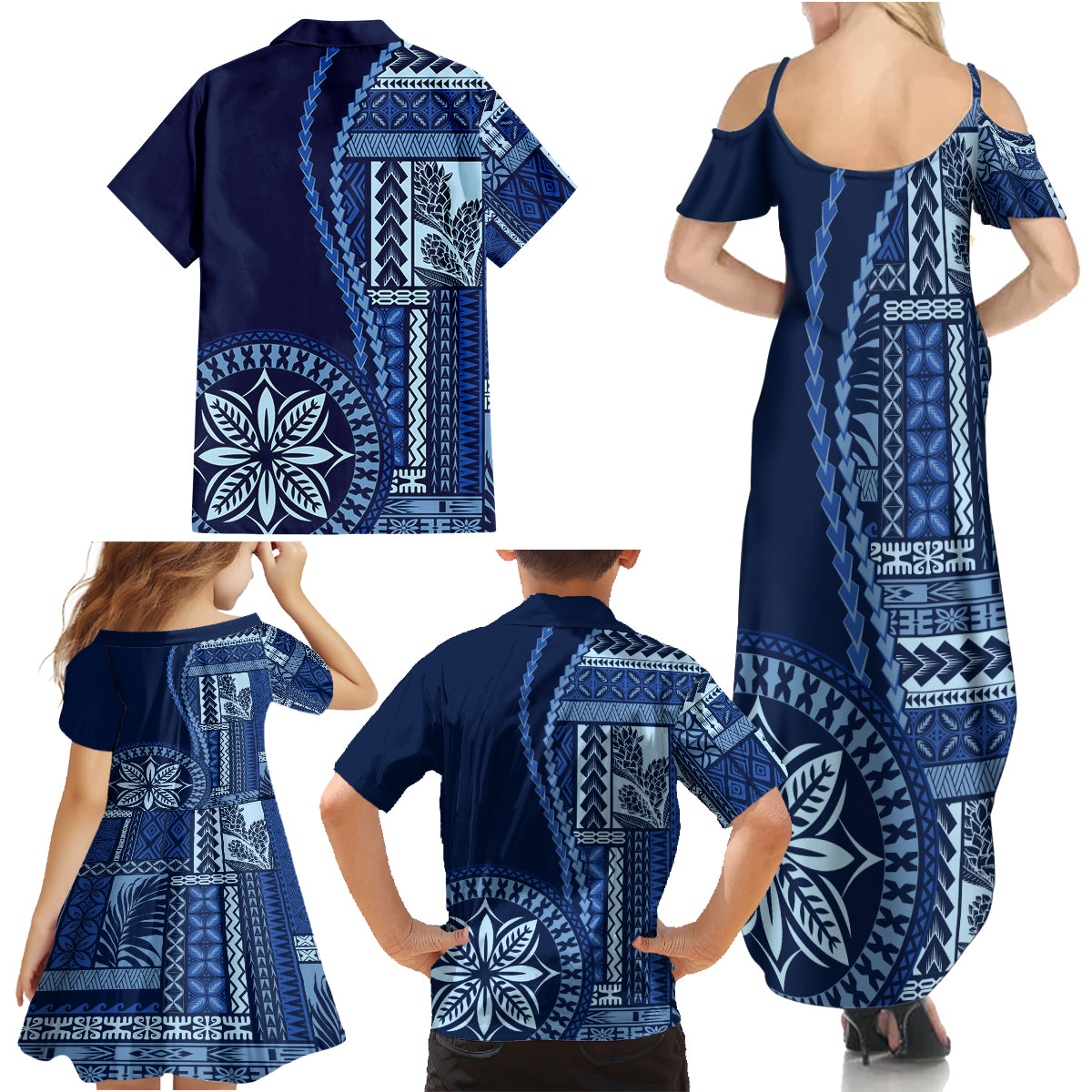 Samoa Siapo Motif Family Matching Summer Maxi Dress and Hawaiian Shirt Classic Style - Bue Ver LT7 - Polynesian Pride