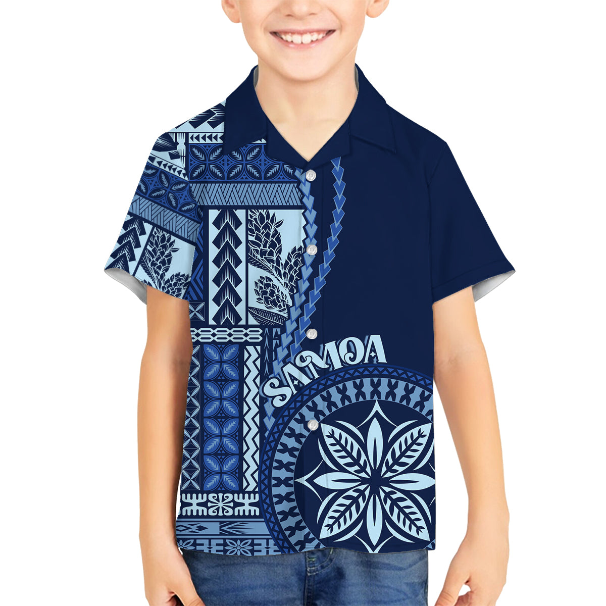 Samoa Siapo Motif Family Matching Summer Maxi Dress and Hawaiian Shirt Classic Style - Bue Ver LT7 Son's Shirt Blue - Polynesian Pride
