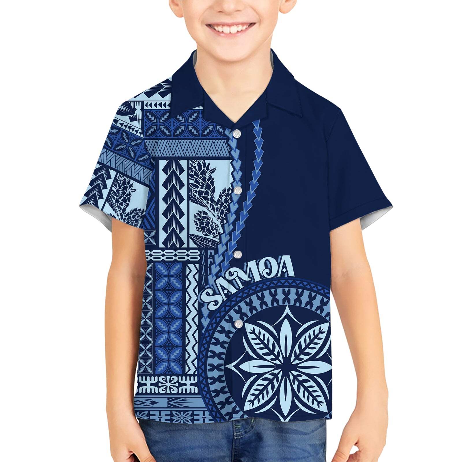 Samoa Siapo Motif Kid Hawaiian Shirt Classic Style - Bue Ver LT7 Kid Blue - Polynesian Pride