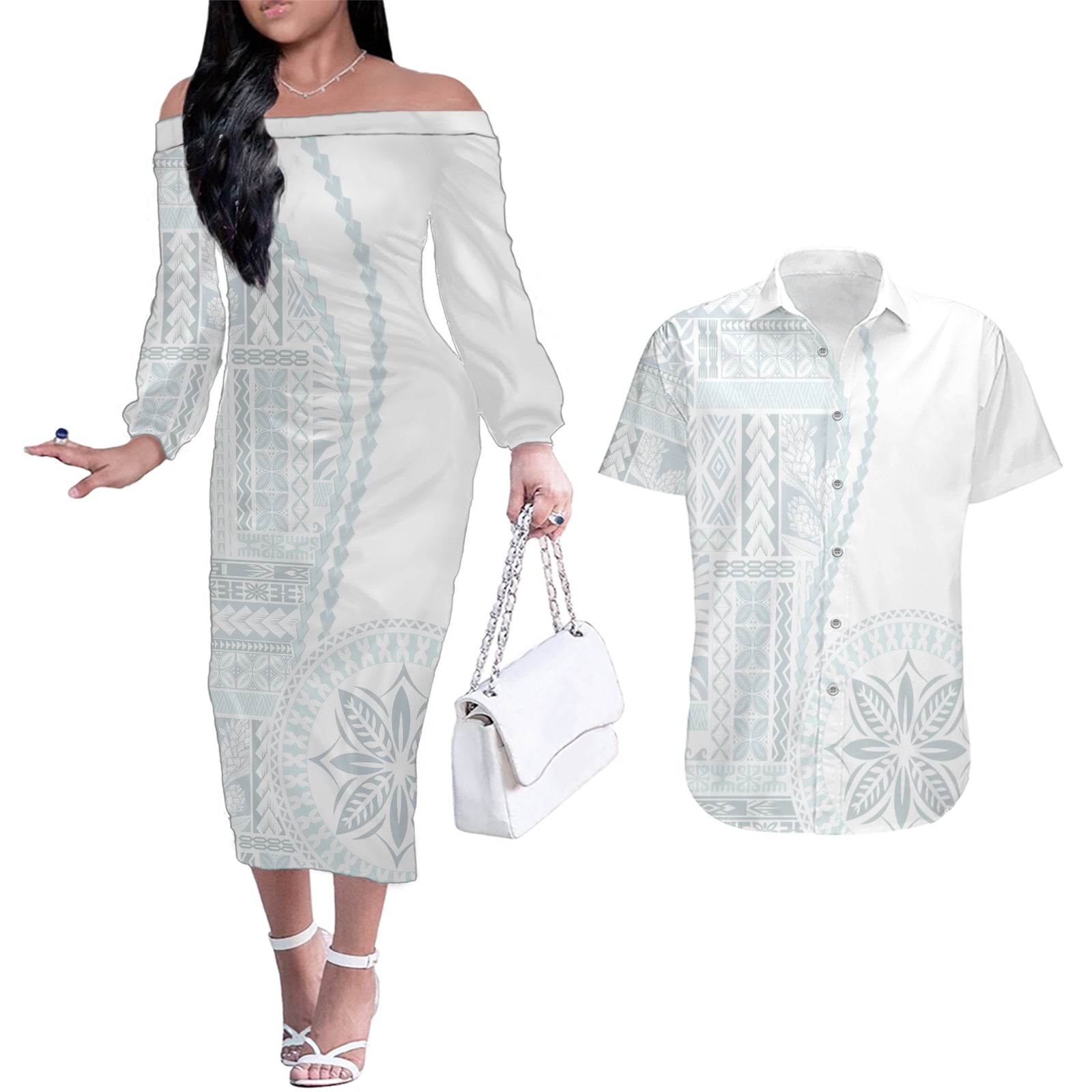 Samoa White Sunday Couples Matching Off The Shoulder Long Sleeve Dress and Hawaiian Shirt Classic Siapo Style LT7 White - Polynesian Pride