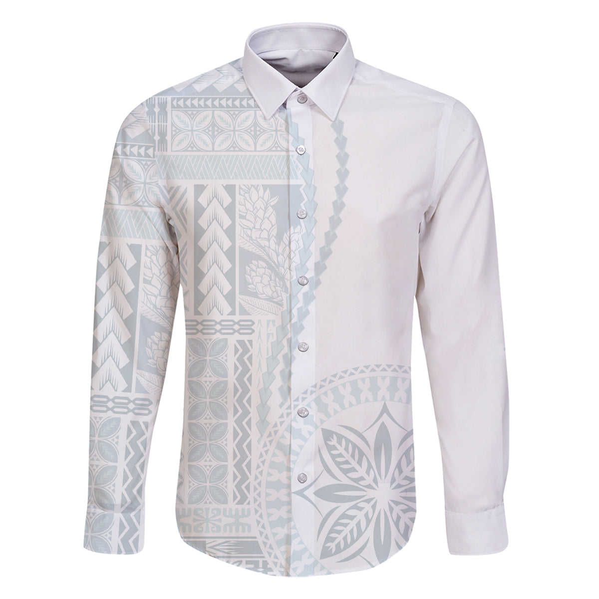 Samoa White Sunday Family Matching Off Shoulder Maxi Dress and Hawaiian Shirt Classic Siapo Style LT7 Dad's Shirt - Long Sleeve White - Polynesian Pride