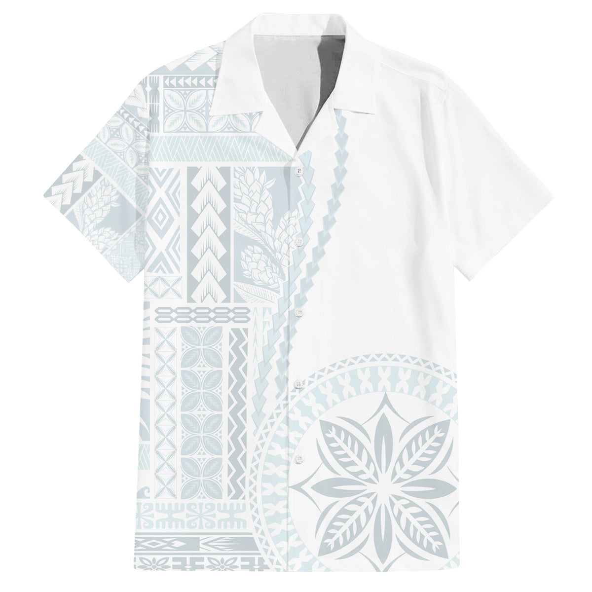 Samoa White Sunday Family Matching Tank Maxi Dress and Hawaiian Shirt Classic Siapo Style LT7 Dad's Shirt - Short Sleeve White - Polynesian Pride