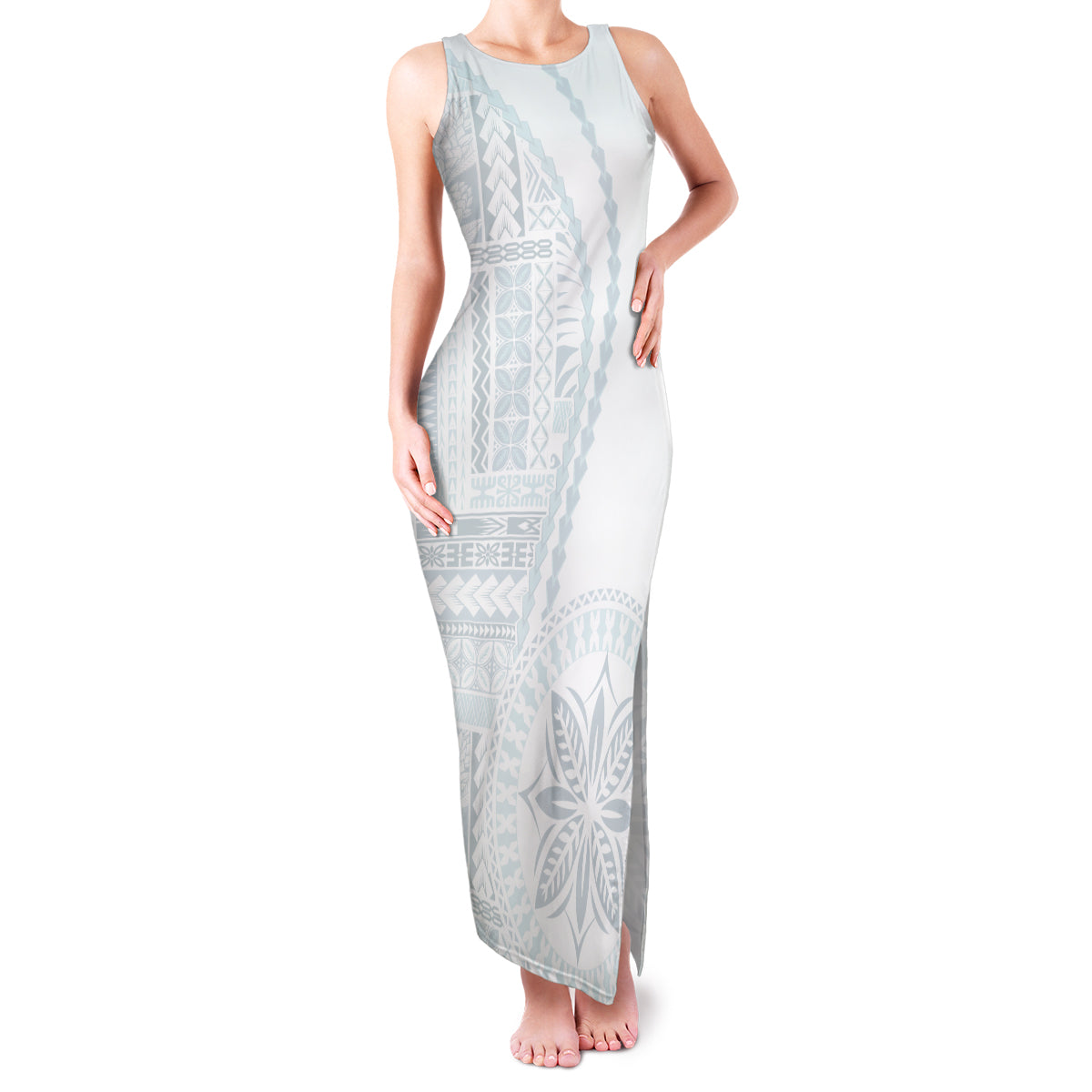 Samoa White Sunday Family Matching Tank Maxi Dress and Hawaiian Shirt Classic Siapo Style LT7 Mom's Dress White - Polynesian Pride