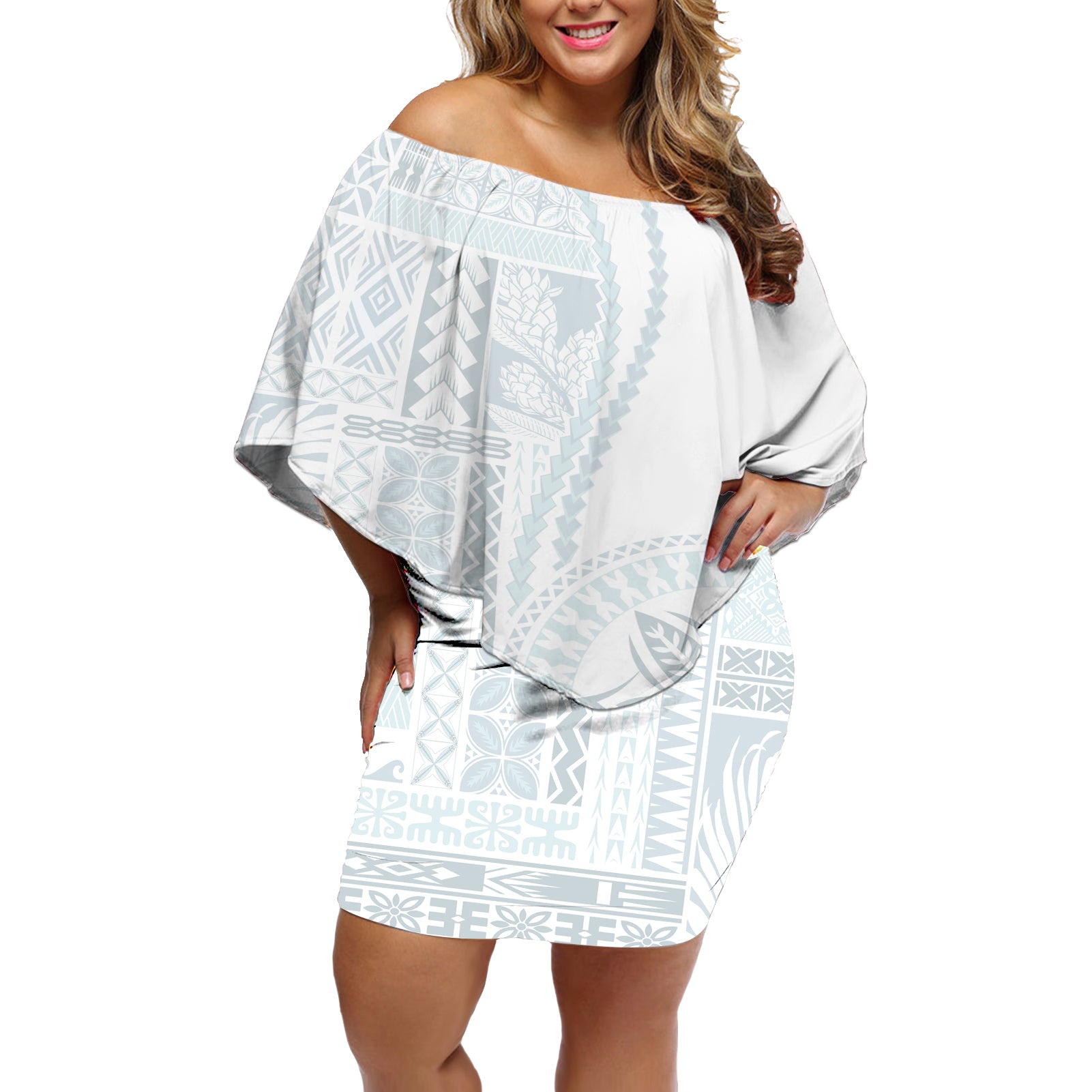 Samoa White Sunday Off Shoulder Short Dress Classic Siapo Style LT7 Women White - Polynesian Pride