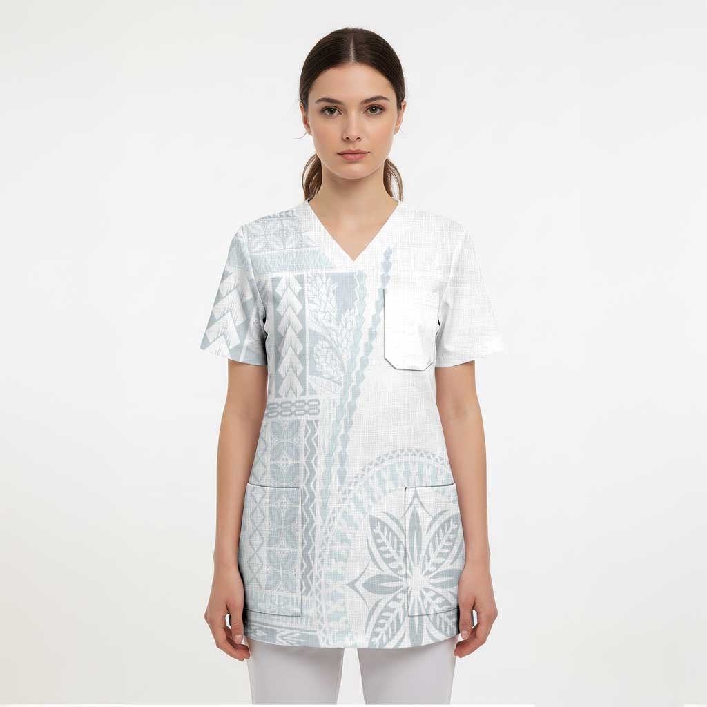 Samoa White Sunday Scrub Top Classic Siapo Style - Polynesian Pride