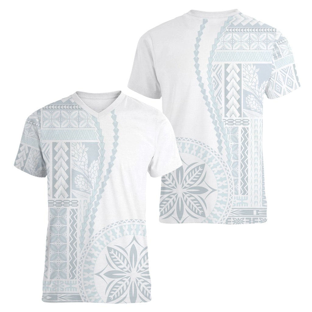 Samoa White Sunday Women V Neck T Shirt Classic Siapo Style LT7 - Polynesian Pride