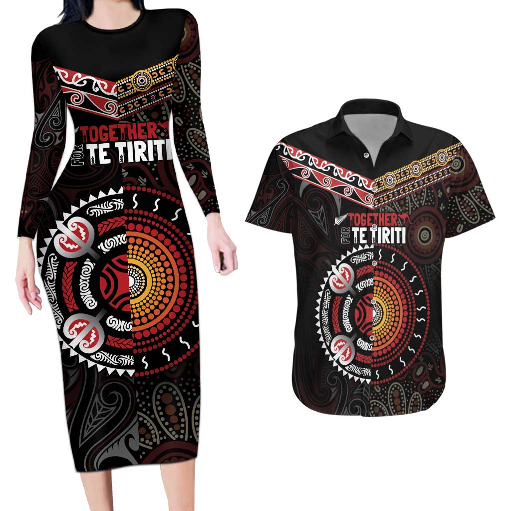 Aotearoa and Australia Indigenous Couples Matching Long Sleeve Bodycon Dress and Hawaiian Shirt Stand Together For Te Tiriti