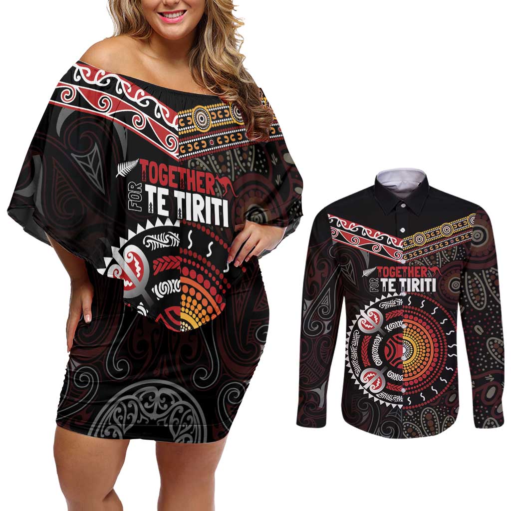 Aotearoa and Australia Indigenous Couples Matching Off Shoulder Short Dress and Long Sleeve Button Shirt Stand Together For Te Tiriti