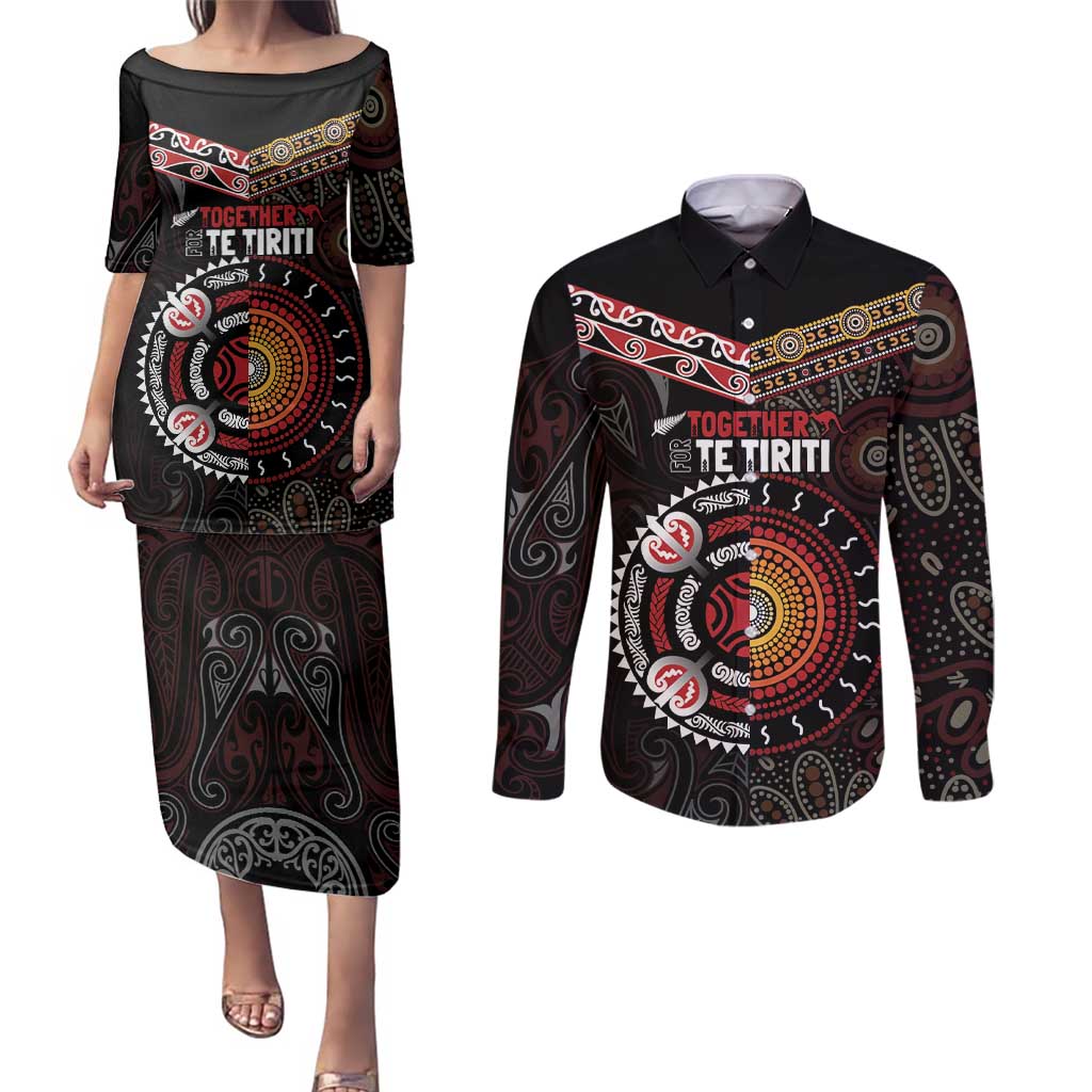 Aotearoa and Australia Indigenous Couples Matching Puletasi and Long Sleeve Button Shirt Stand Together For Te Tiriti