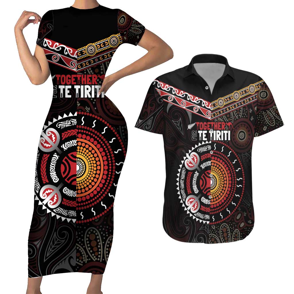 Aotearoa and Australia Indigenous Couples Matching Short Sleeve Bodycon Dress and Hawaiian Shirt Stand Together For Te Tiriti