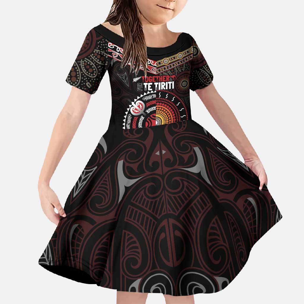 Aotearoa and Australia Indigenous Family Matching Off Shoulder Maxi Dress and Hawaiian Shirt Stand Together For Te Tiriti LT7 Daughter's Dress Black - Polynesian Pride