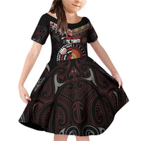Aotearoa and Australia Indigenous Family Matching Off Shoulder Short Dress and Hawaiian Shirt Stand Together For Te Tiriti LT7 Daughter's Dress Black - Polynesian Pride