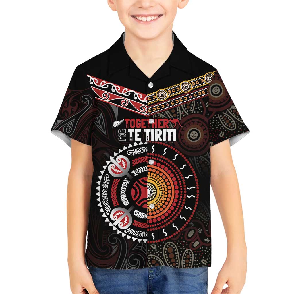 Aotearoa and Australia Indigenous Family Matching Off Shoulder Short Dress and Hawaiian Shirt Stand Together For Te Tiriti LT7 Son's Shirt Black - Polynesian Pride