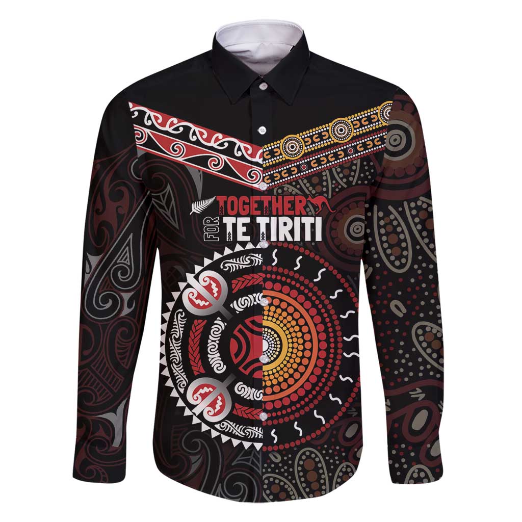 Aotearoa and Australia Indigenous Family Matching Summer Maxi Dress and Hawaiian Shirt Stand Together For Te Tiriti LT7 Dad's Shirt - Long Sleeve Black - Polynesian Pride