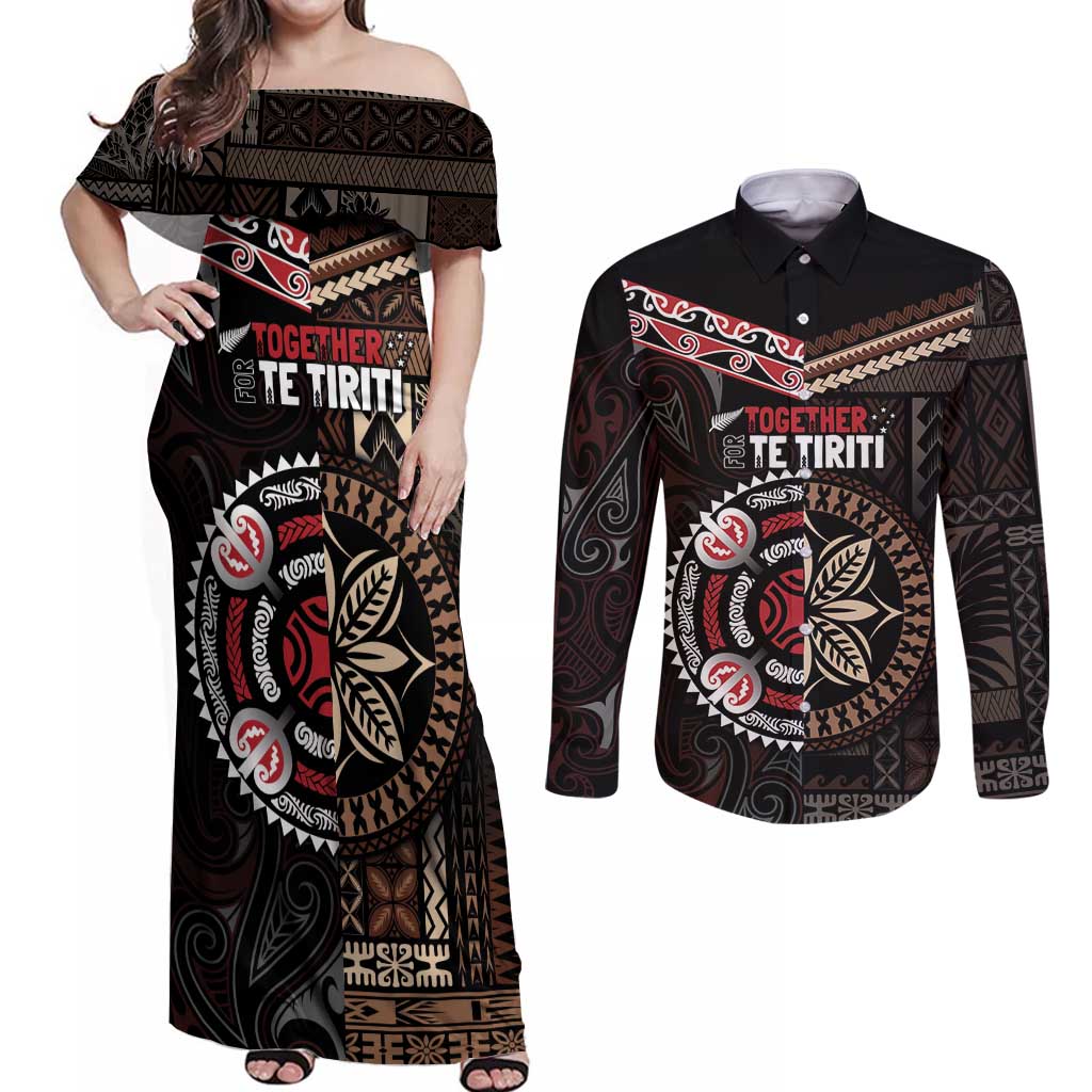 Aotearoa and Samoa Together For Te Tiriti Couples Matching Off Shoulder Maxi Dress and Long Sleeve Button Shirt Kowhaiwhai Mix Siapo
