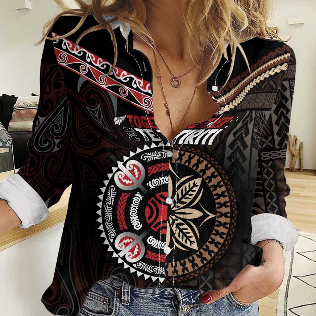 Aotearoa and Samoa Together For Te Tiriti Women Casual Shirt Kowhaiwhai Mix Siapo