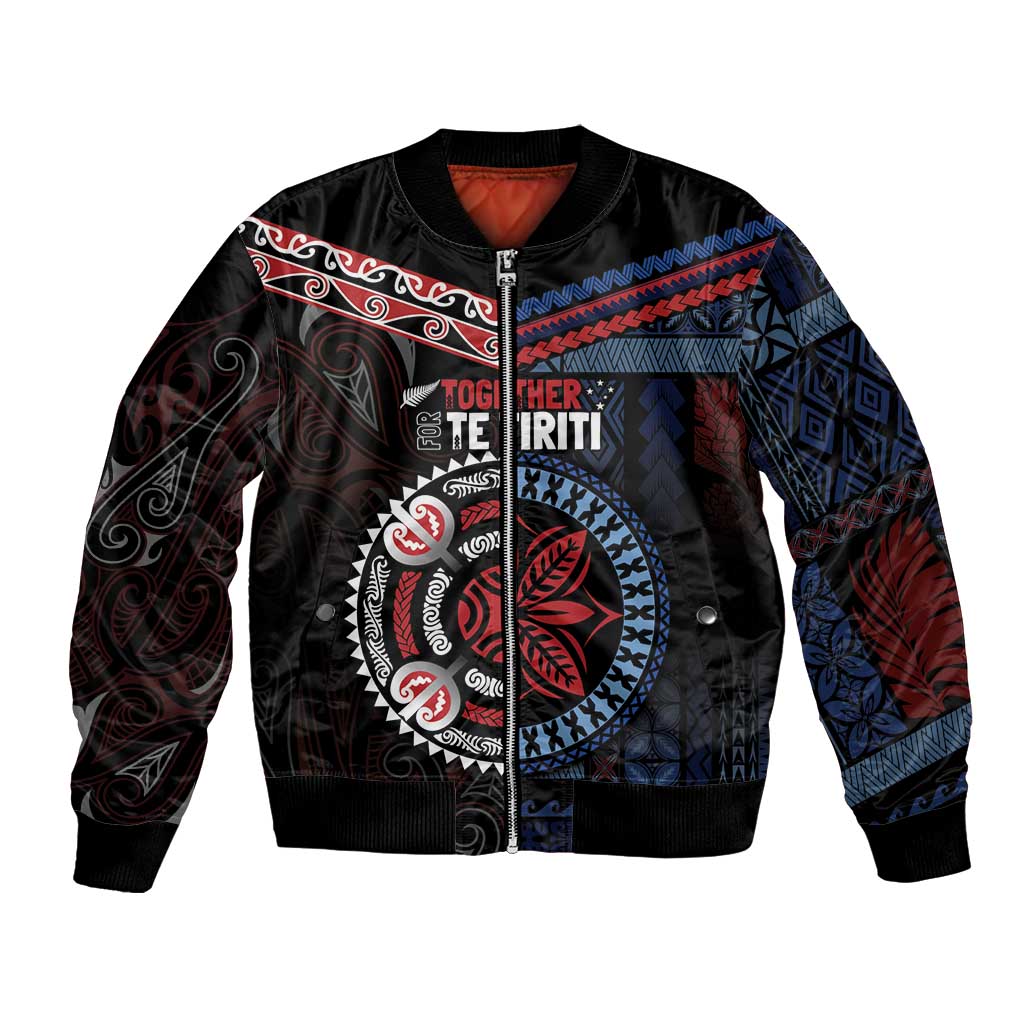 Aotearoa and Samoa Together For Te Tiriti Bomber Jacket Kowhaiwhai Mix Siapo - Flag Color