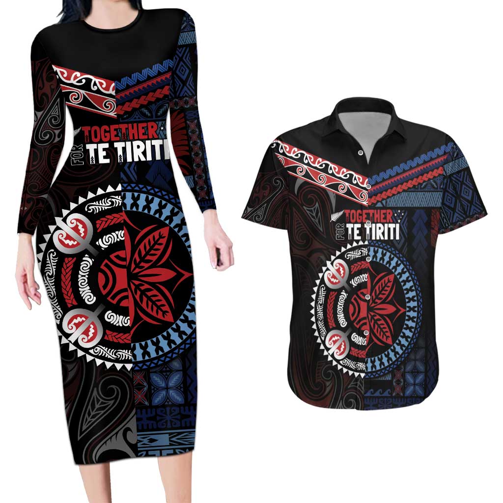 Aotearoa and Samoa Together For Te Tiriti Couples Matching Long Sleeve Bodycon Dress and Hawaiian Shirt Kowhaiwhai Mix Siapo - Flag Color