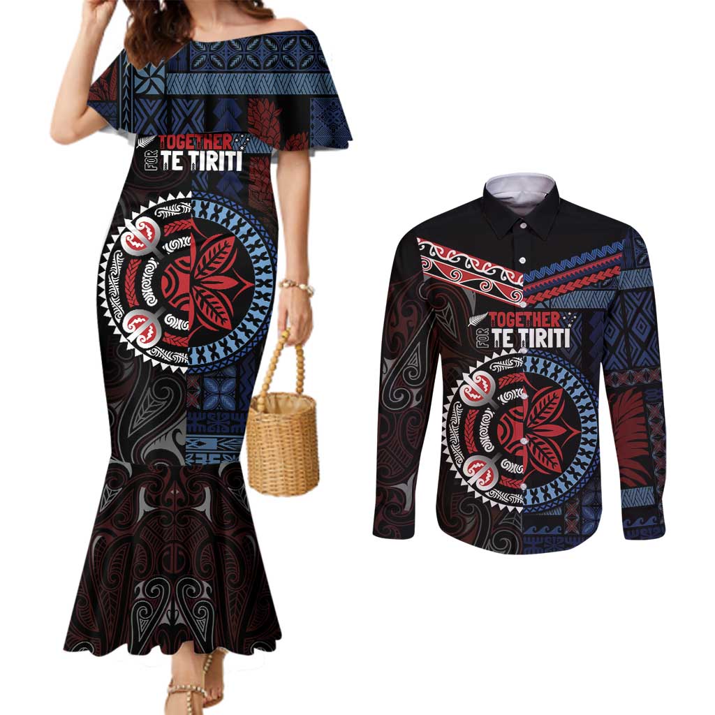 Aotearoa and Samoa Together For Te Tiriti Couples Matching Mermaid Dress and Long Sleeve Button Shirt Kowhaiwhai Mix Siapo - Flag Color