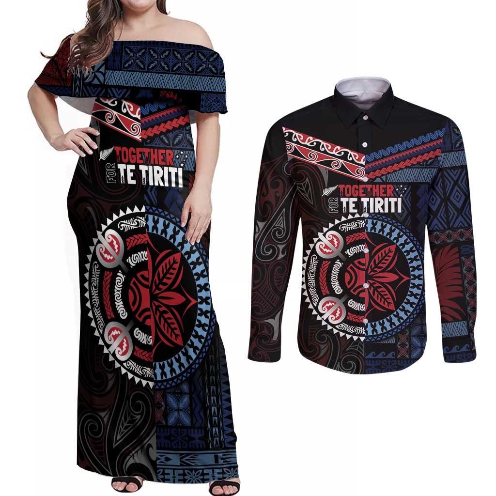 Aotearoa and Samoa Together For Te Tiriti Couples Matching Off Shoulder Maxi Dress and Long Sleeve Button Shirt Kowhaiwhai Mix Siapo - Flag Color
