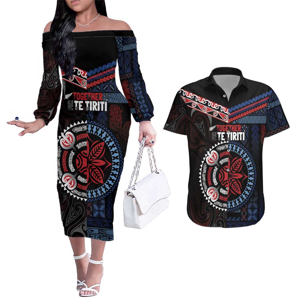Aotearoa and Samoa Together For Te Tiriti Couples Matching Off The Shoulder Long Sleeve Dress and Hawaiian Shirt Kowhaiwhai Mix Siapo - Flag Color