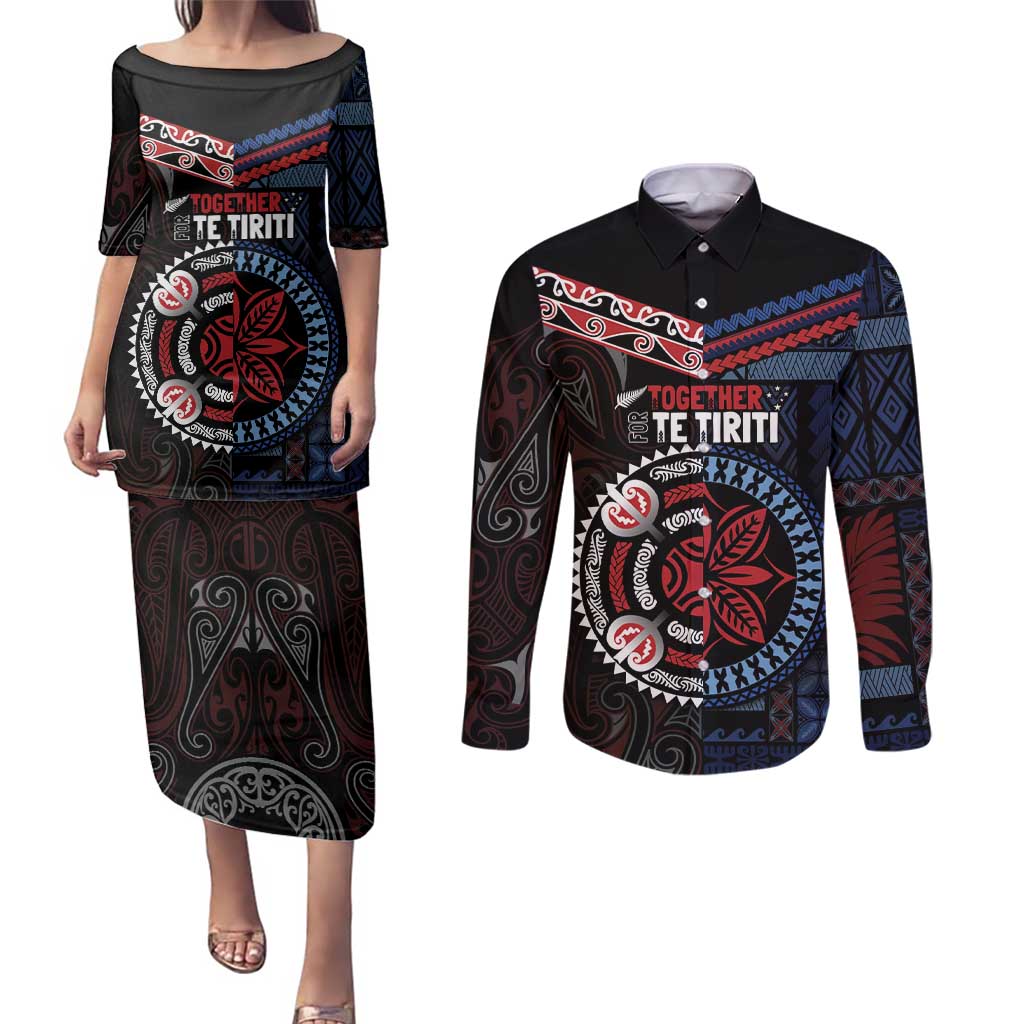 Aotearoa and Samoa Together For Te Tiriti Couples Matching Puletasi and Long Sleeve Button Shirt Kowhaiwhai Mix Siapo - Flag Color