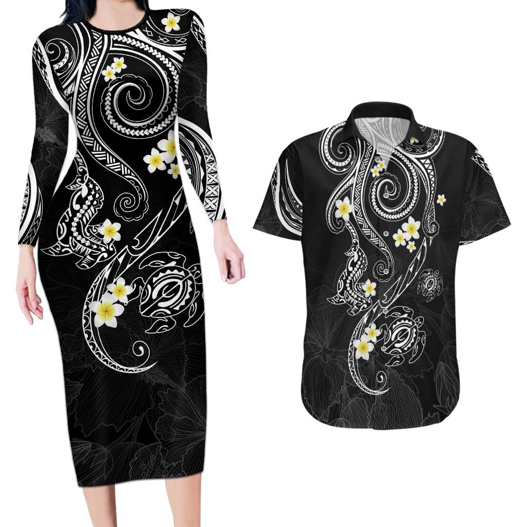 Polynesia Tribal Couples Matching Long Sleeve Bodycon Dress and Hawaiian Shirt Tentacles Plumeria